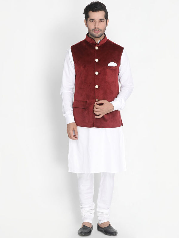 Jashvi Men's White Cotton Blend Kurta, Maroon Velvet Jacket and Pyjama Set