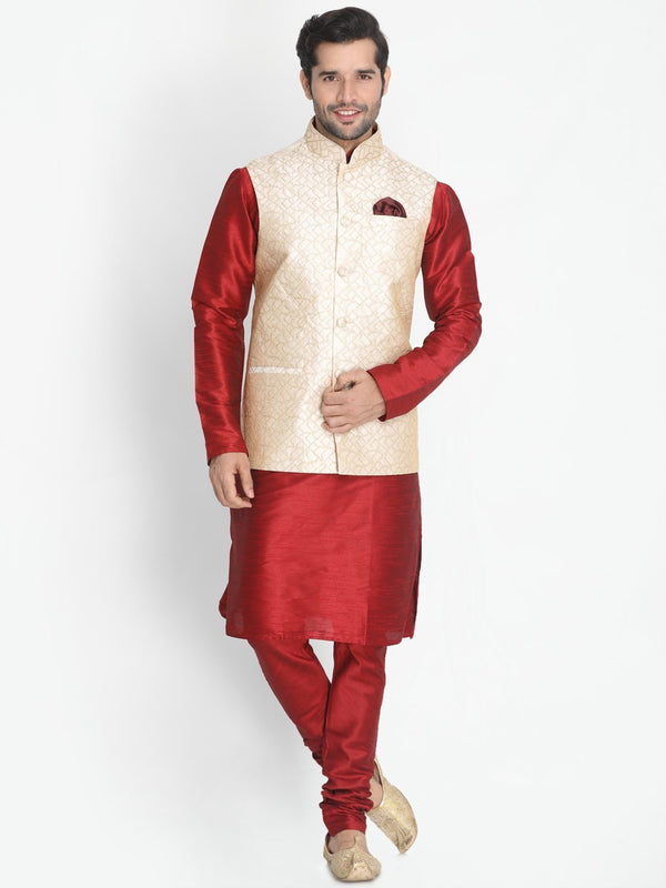 Men's Maroon Silk Blend Kurta, Ethnic Jacket and Pyjama Set - Vastramay