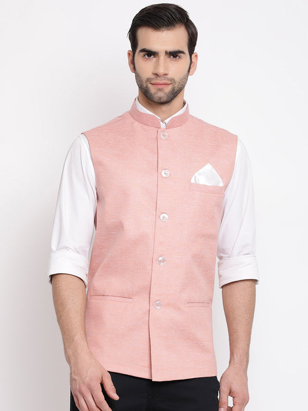 Men's Peach Solid Classic Royal Linen Nehru Jacket - Vastramay