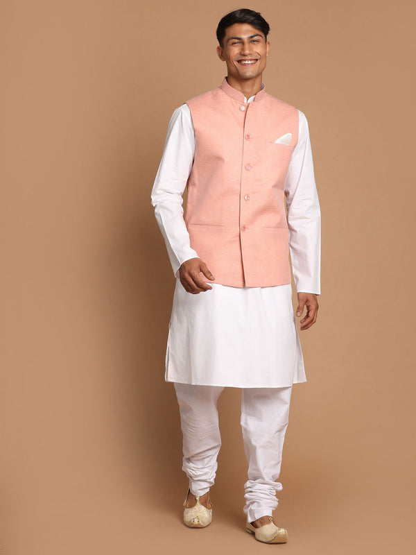 Jashvi Men's White Cotton Kurta, Solid Royal Nehru Jacket and Pyjama Set