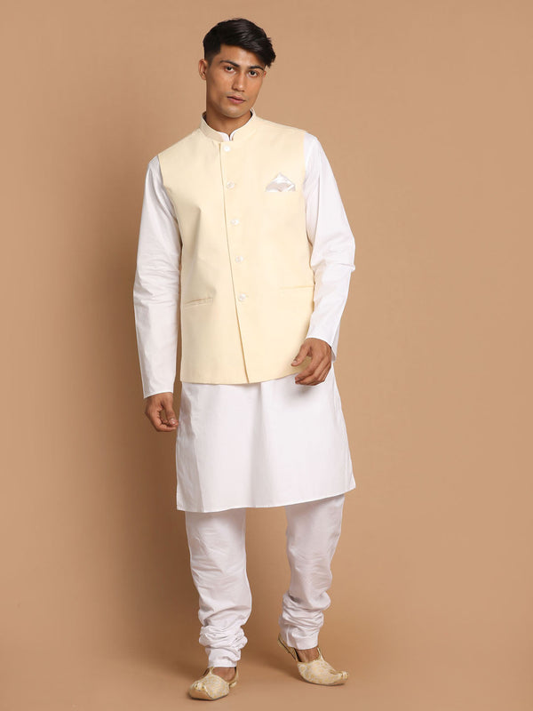 Jashvi Men's White Cotton Kurta, Solid Royal Nehru Jacket and Pyjama Set