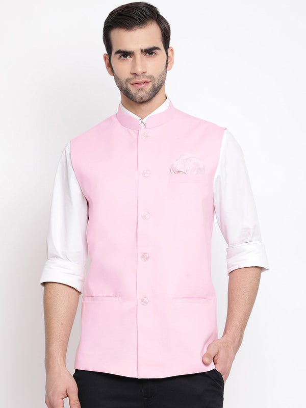 Men's Pink Solid Classic Royal Linen Nehru Jacket - Vastramay