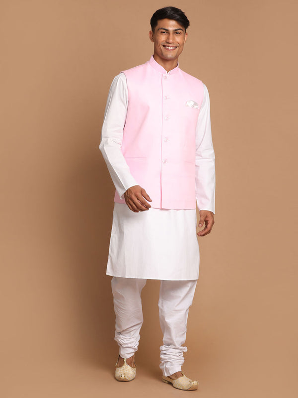 Jashvi Men's White Cotton Kurta, Solid Royal Nehru Jacket and Pyjama Set