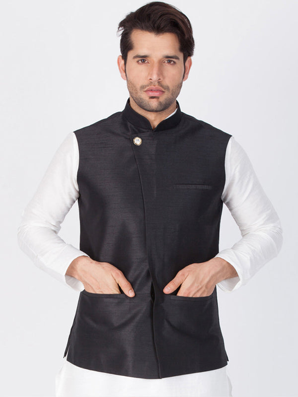 Jashvi Men's Black Cotton Silk Blend Ethnic Jacket