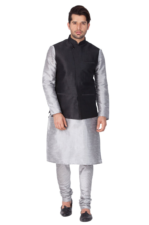 Men's Grey Cotton Silk Blend Kurta, Ethnic Jacket and Pyjama Set