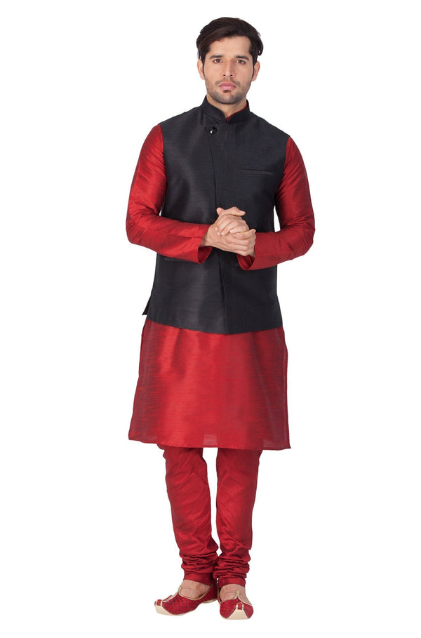 Men's Maroon Cotton Silk Blend Kurta, Ethnic Jacket and Pyjama Set