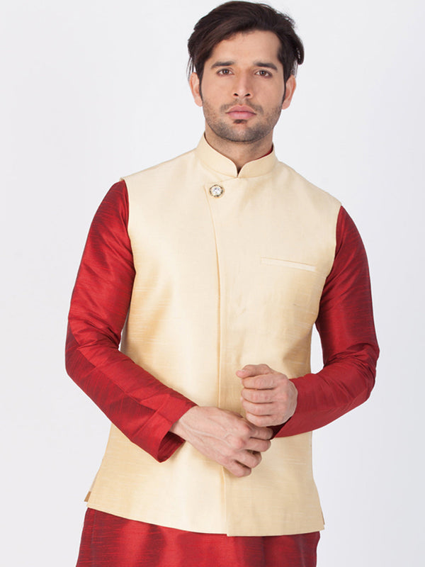 Jashvi Men's Gold Cotton Silk Blend Ethnic Jacket