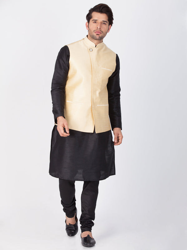 Jashvi Men's Black Cotton Silk Blend Kurta, Ethnic Jacket and Pyjama Set