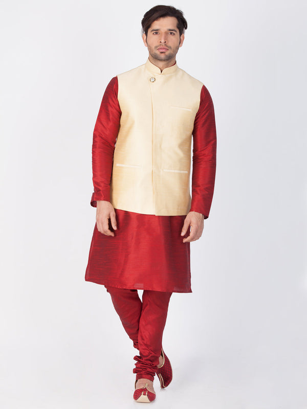 Jashvi Men's Maroon Cotton Silk Blend Kurta, Ethnic Jacket and Pyjama Set