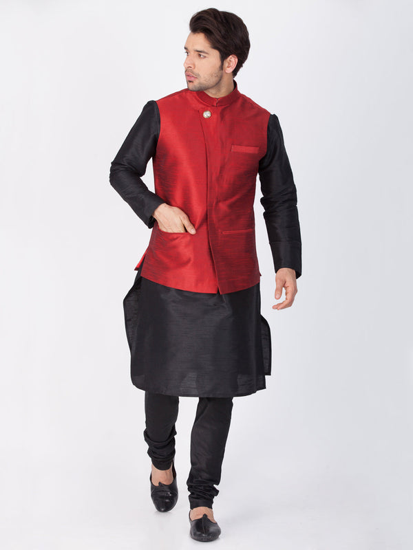 Jashvi Men's Black Cotton Silk Blend Kurta, Ethnic Jacket and Pyjama Set