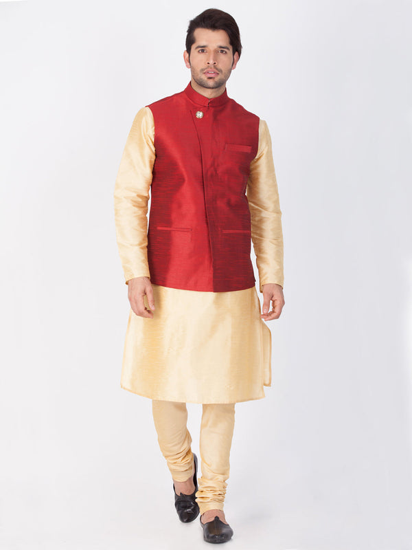 Jashvi Men's Gold Cotton Silk Blend Kurta, Ethnic Jacket and Pyjama Set