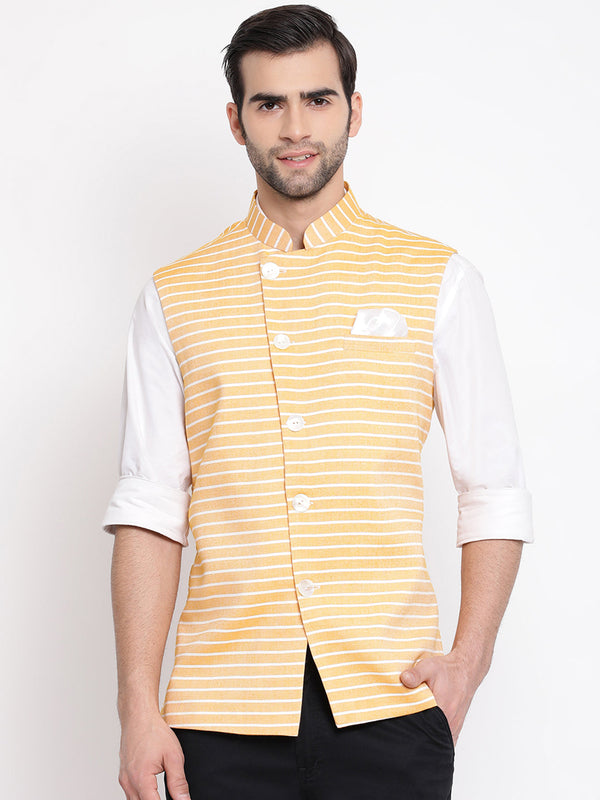 Jashvi Men's Orange Stripes And Angrakha Pattern Classic Nehru Jacket