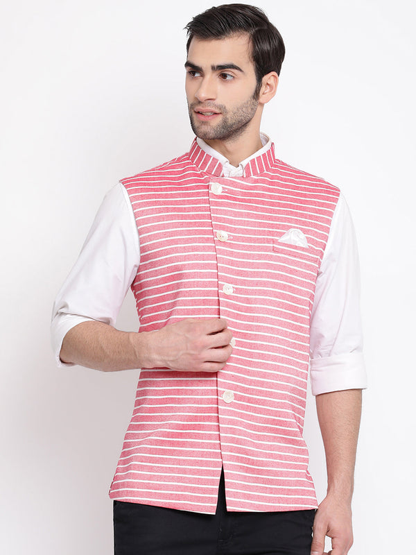 Jashvi Men's Red Stripes And Angrakha Pattern Classic Nehru Jacket