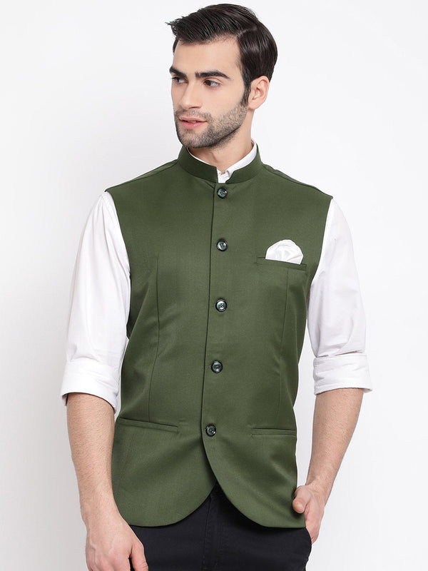 Men's Green Cotton Blend Twill Nehru Jacket - Vastramay