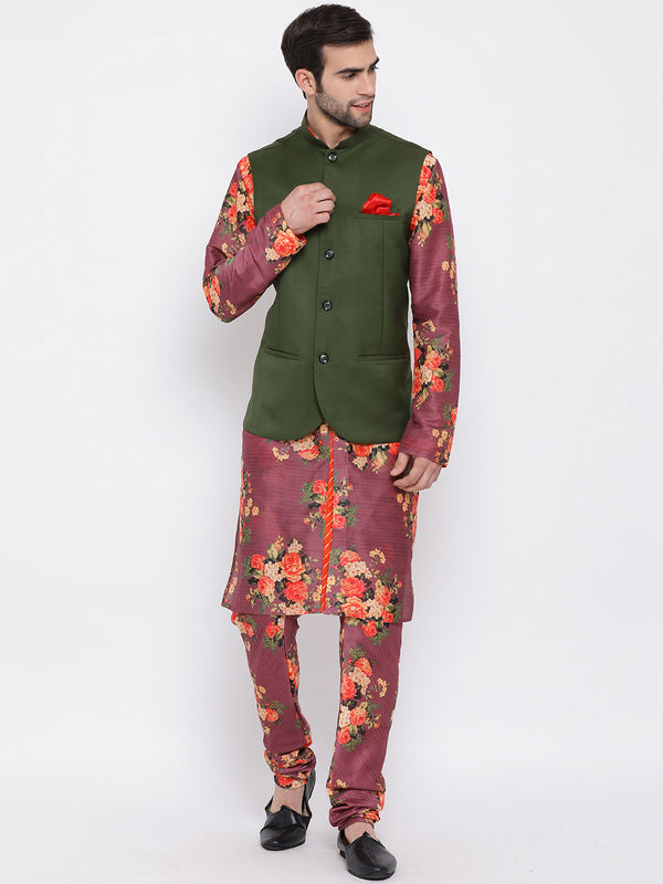 Jashvi Men's Green Twill Jacket, Printed Kurta and Pyjama Set