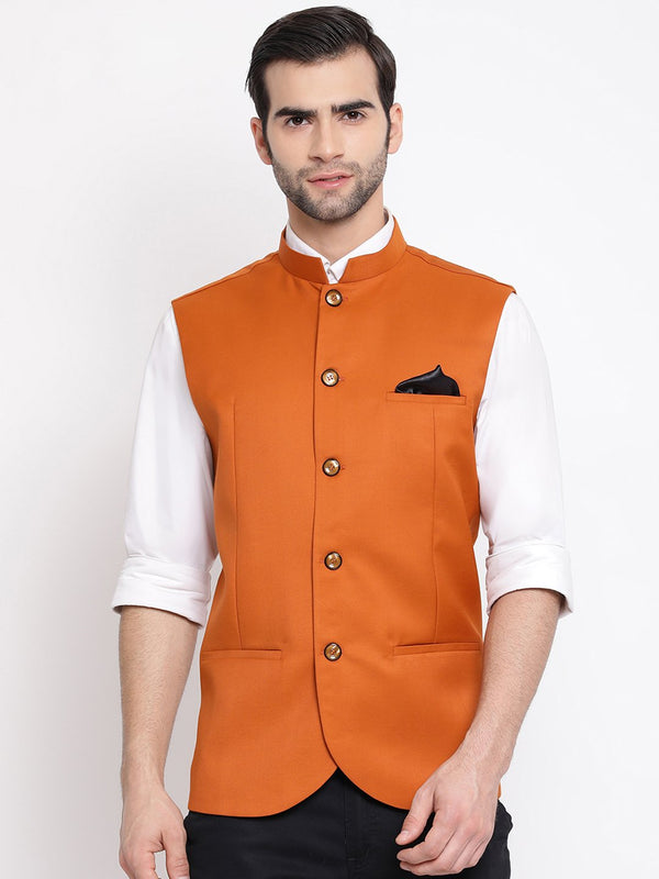 Men's Orange Cotton Blend Twill Nehru Jacket - Vastramay