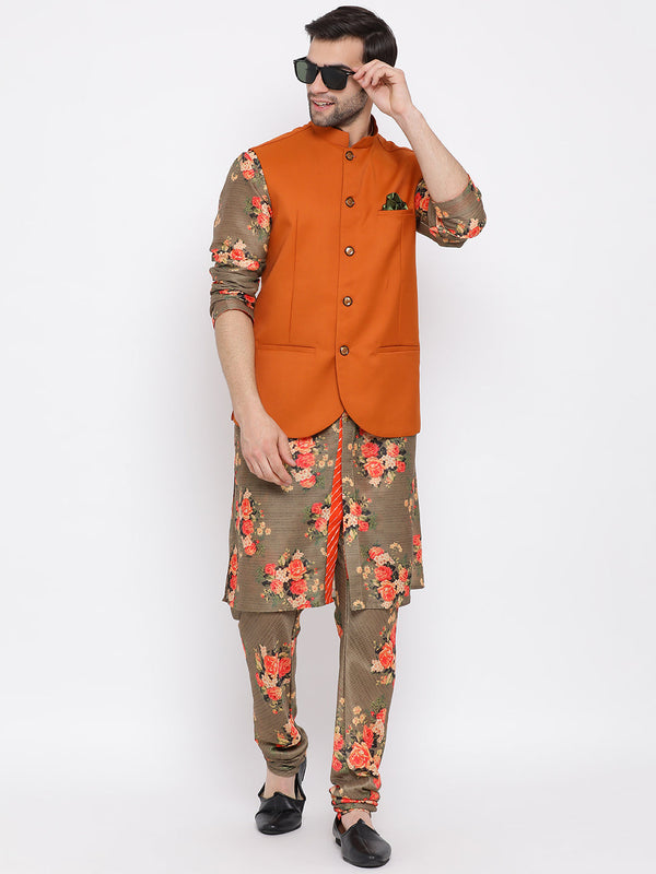 Jashvi Men's Orange Twill Jacket, Printed Kurta and Pyjama Set