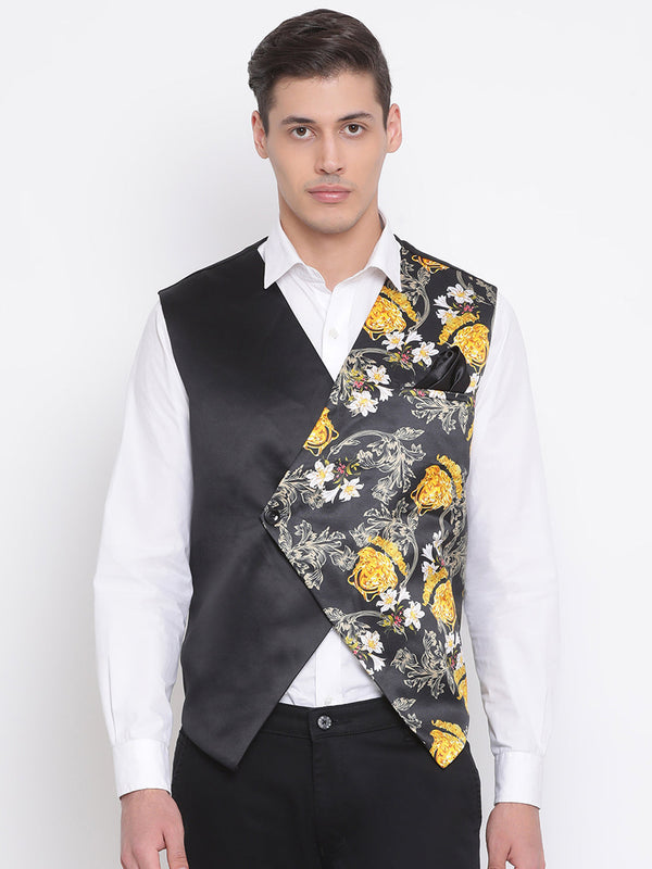 Jashvi Men's Black Floral Printed Waistcoat Jacket