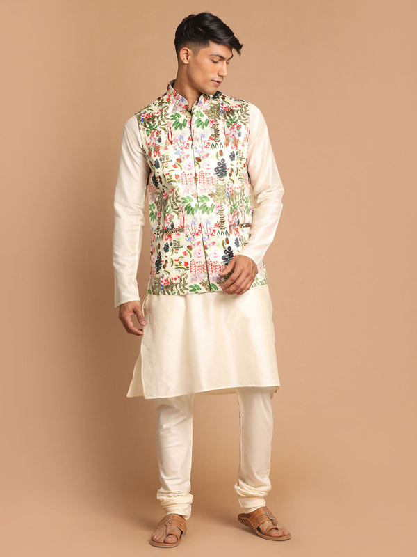 Jashvi Men's Green Digital Printed Royal Ethnic Jacket With Cream Kurta Pyjama