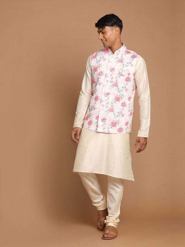 Jashvi Men's Peach Digital Printed Royal Angrakha Nehru Jacket With Cream Kurta Pyjama Set