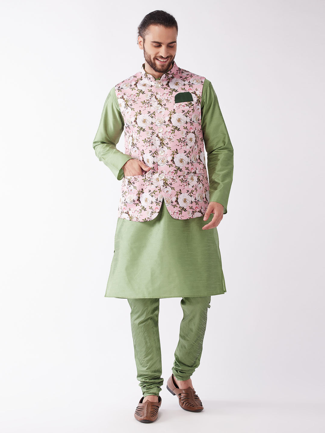 Men's Green And Pink Silk Blend Jacket, Kurta And Pyjama Set - Vastramay