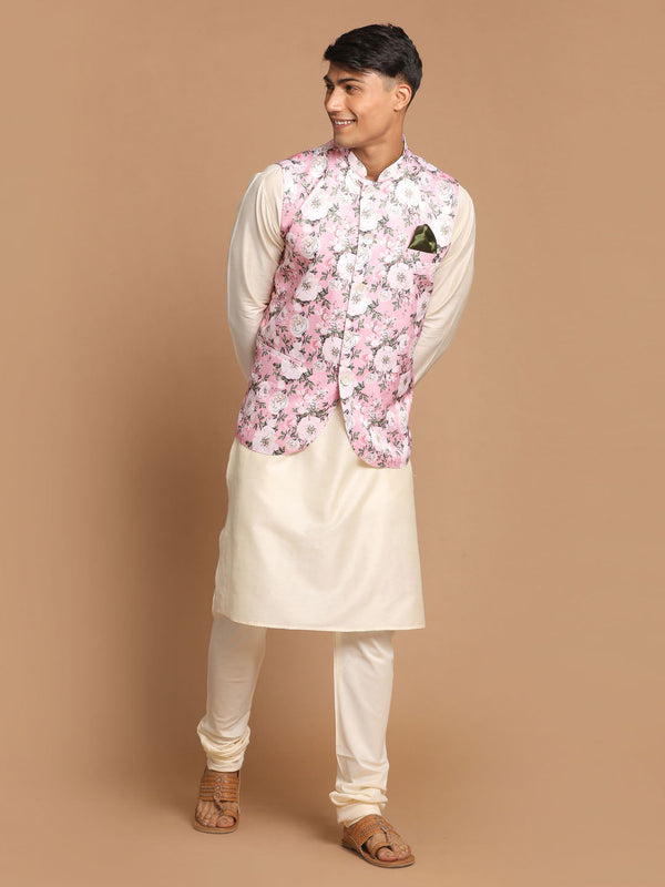 Jashvi Men's Pink Digital Floral Printed Royal Angrakha Nehru Jacket With Cream Kurta Pyjama Set