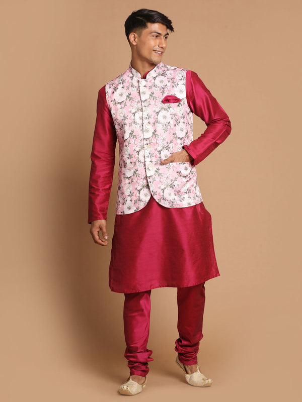 Jashvi Men's Pink Floral Printed Ethnic Jacket With Purple Cotton Silk Blend Kurta Pyjama