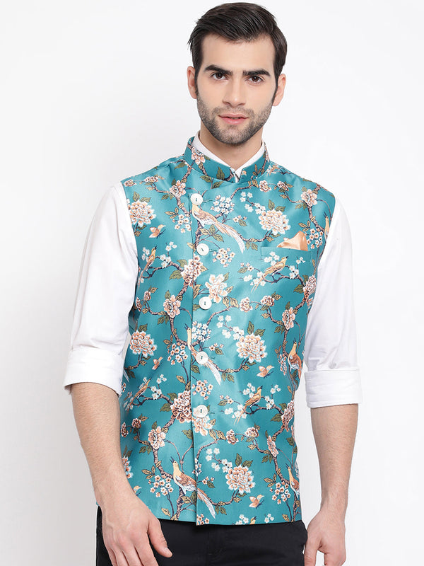 Jashvi Men's Turquoise Digital Printed Royal Angrakha Nehru Jacket