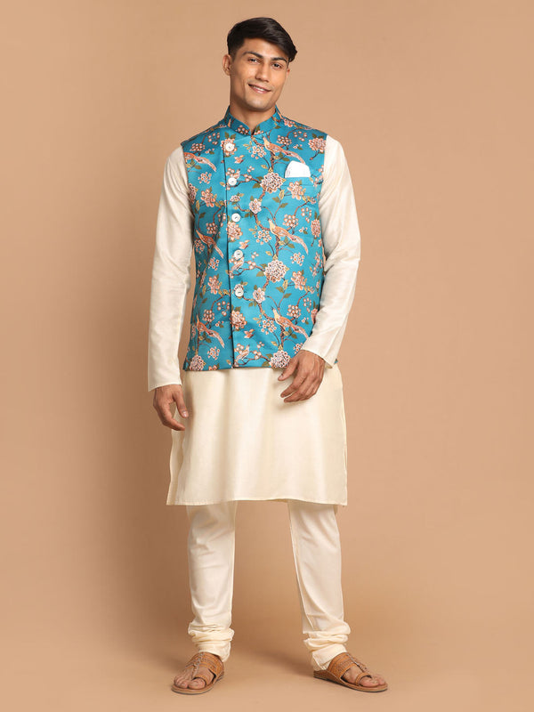 Jashvi Men's Turquoise Digital Printed Royal Angrakha Nehru Jacket With Cream Kurta Pyjama