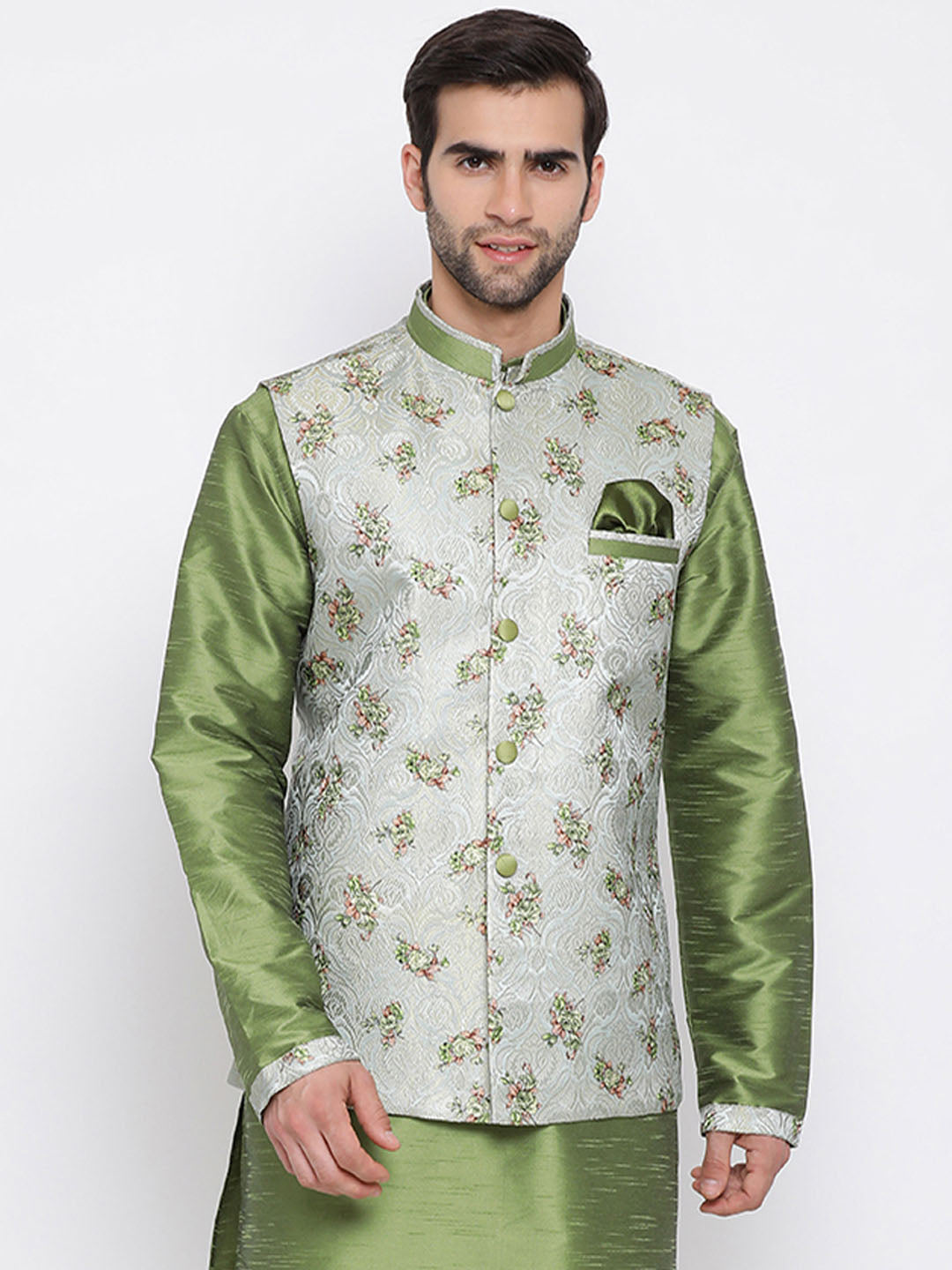 Men's Green Cotton Silk Jacket - Vastramay