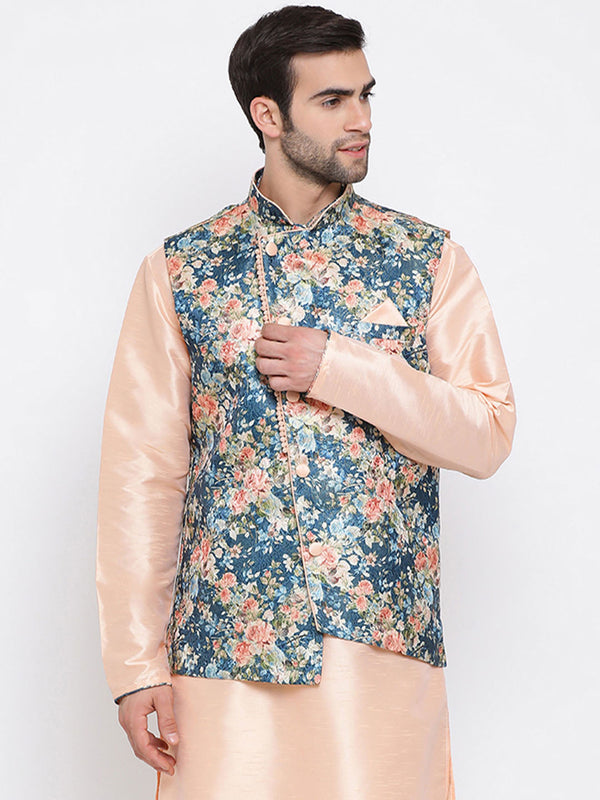 Jashvi Men's Peach And Blue  Printed Woven Nehru Jacket