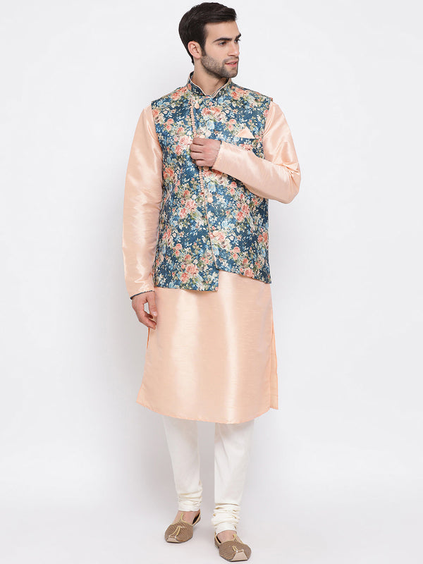 Jashvi Peach Floral Jacquard Jacket With Silk Kurta and Pyjama Set