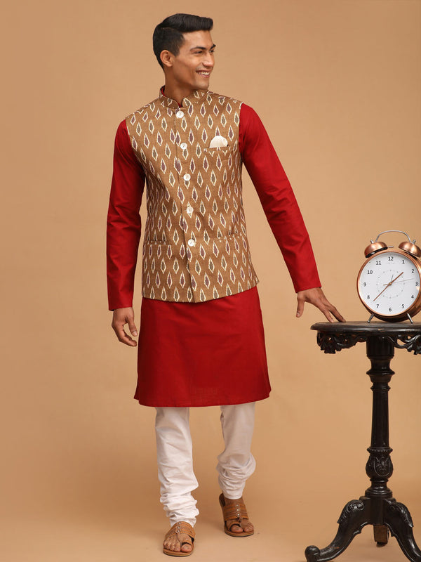 Jashvi Men's Green Printed Cotton Nehru Jacket With Maroon Kurta And White Pyjama Set