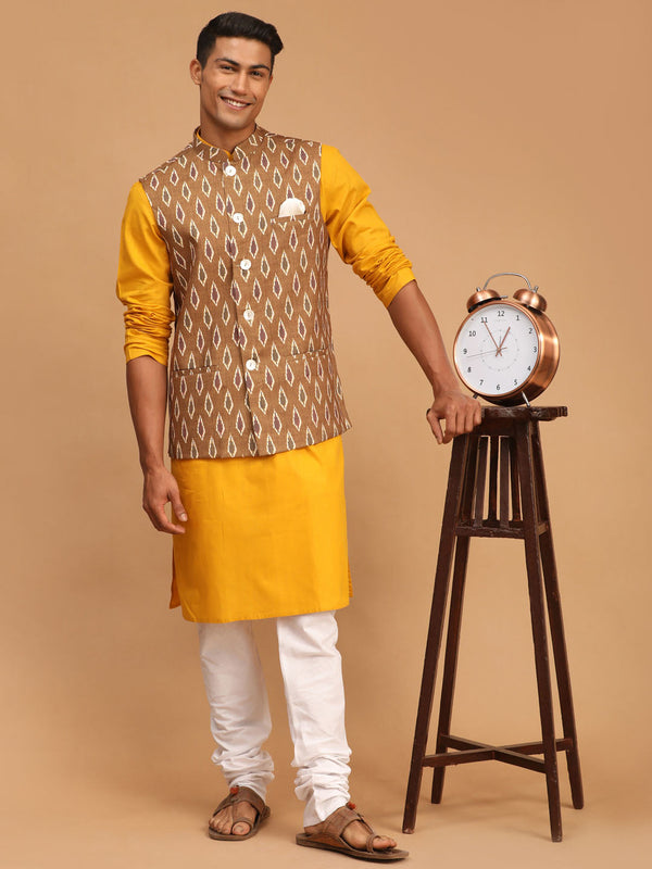 Jashvi Men's Green Printed Cotton Nehru Jacket With Mustard Kurta And White Pyjama Set