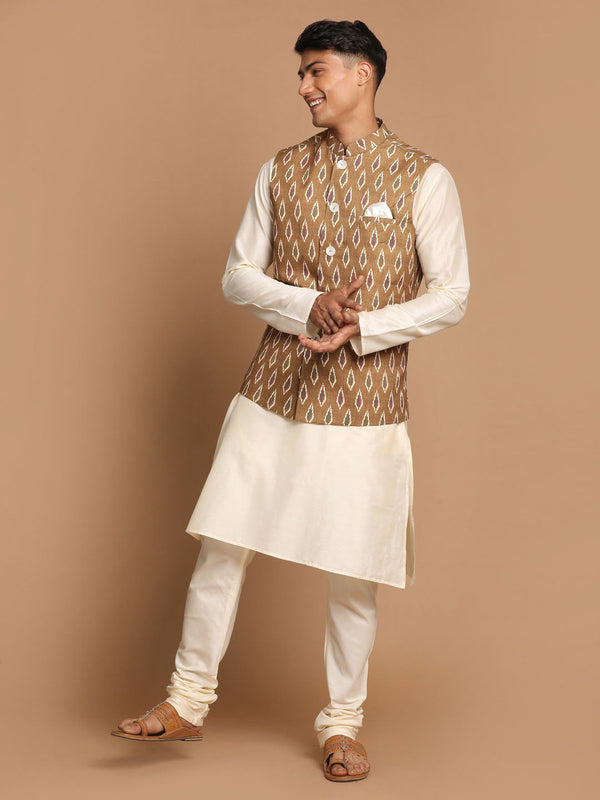 Jashvi Men's Multicolor-Base-Green Cotton Nehru Jacket With Cream Kurta Pyjama