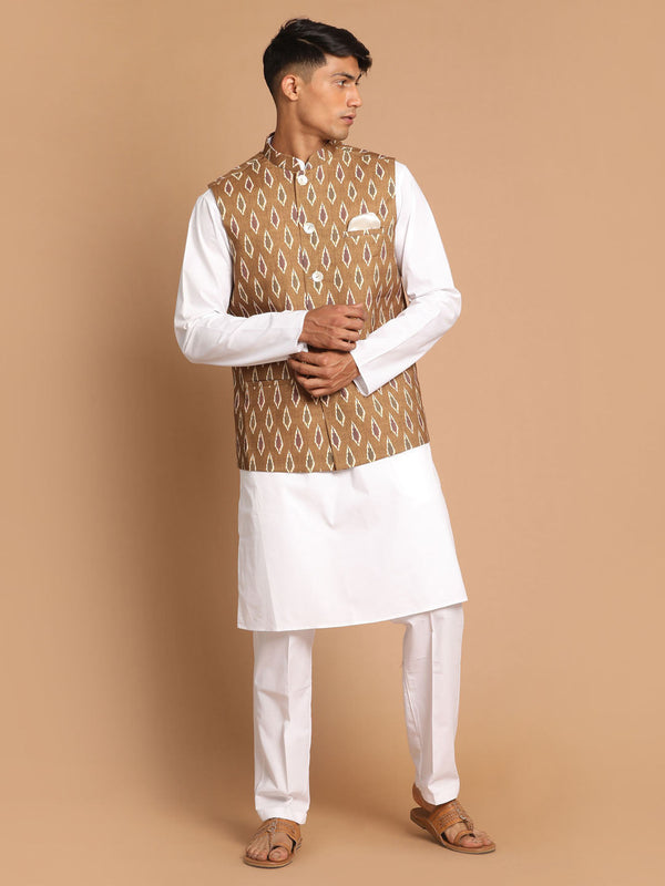 Jashvi Men's Multicolour-Base-Green Cotton Nehru Jacket  With White Cotton Pant