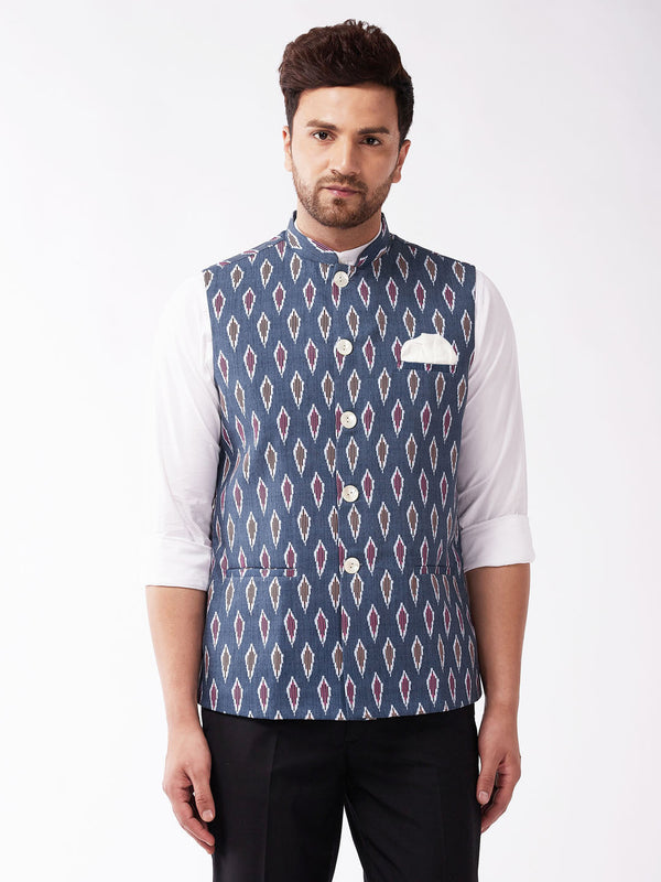 Jashvi Men's Multicolor -Base-Grey Cotton Blend Nehru Jacket