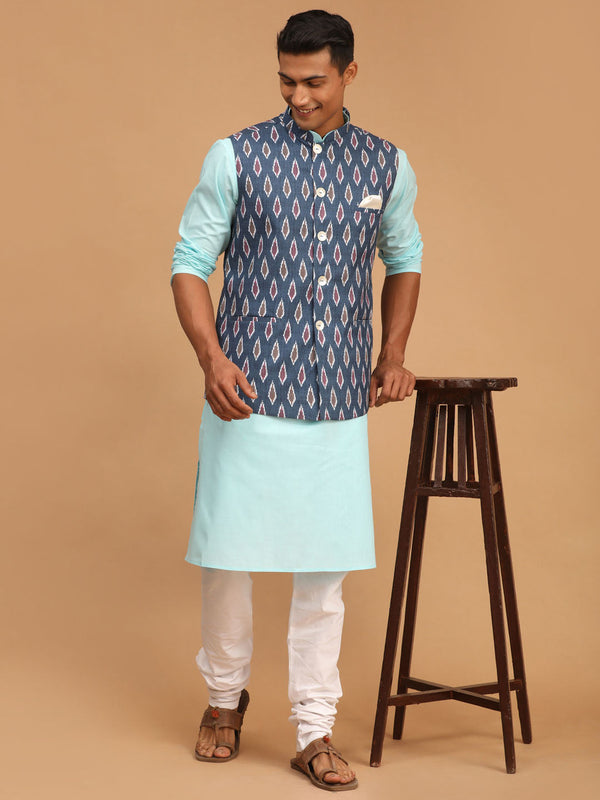 Jashvi Men's Grey Printed Cotton Nehru Jacket With Aqua Kurta And White Pyjama Set