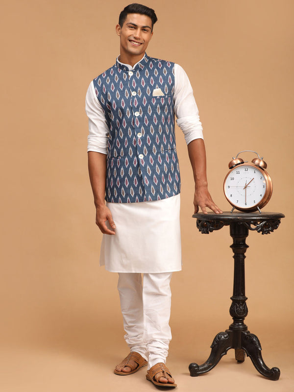 Jashvi Men's Grey Printed Cotton Nehru Jacket With White Kurta And Pyjama Set