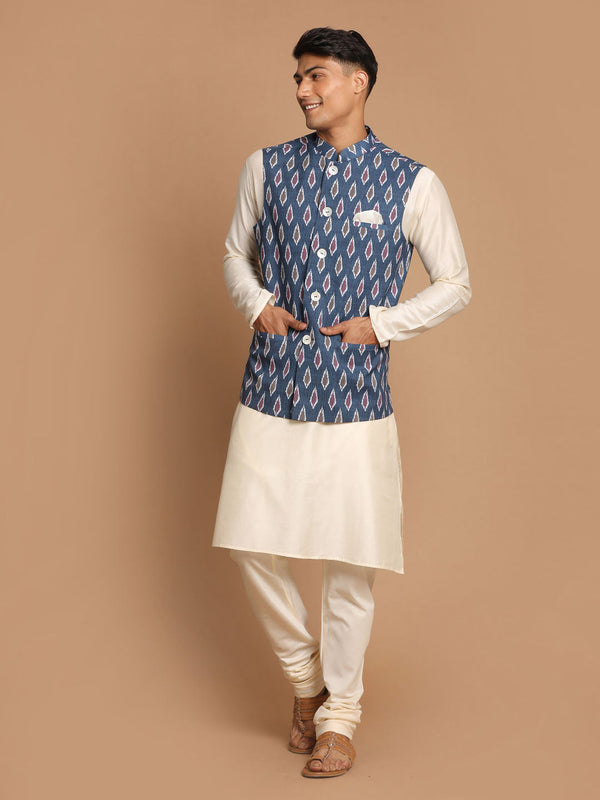 Jashvi Men's Grey Printed Cotton Nehru Jacket With Cream Kurta Pyjama