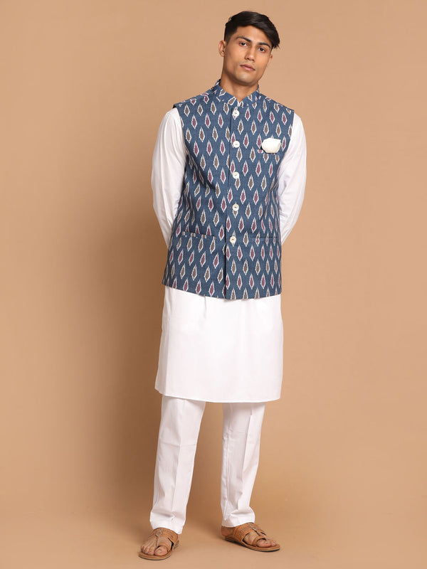 Jashvi Men's Grey Printed Cotton Nehru Jacket With White Kurta And Pant Set