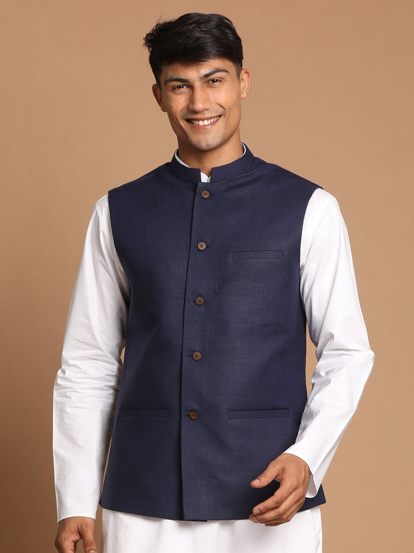 Jashvi  Navy Blue Cotton Blend Nehru Jacket