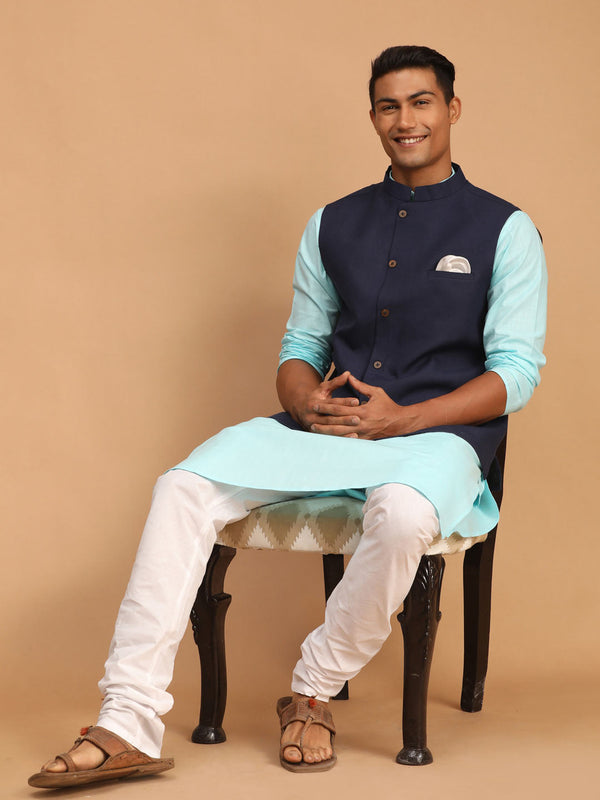 Jashvi Men's Navy Blue Solid Cotton Nehru Jacket With Aqua Blue Kurta And White Pyjama Set