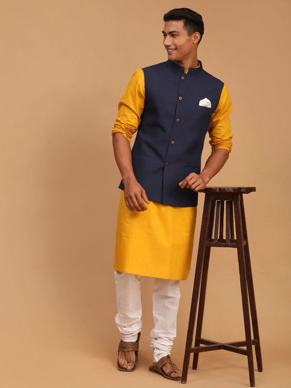 Jashvi Men's Navy Blue Solid Cotton Nehru Jacket With Mustard Kurta And White Pyjama Set