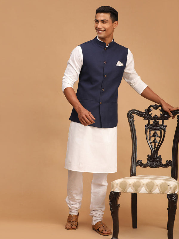 Jashvi Men's Navy Blue Solid Cotton Nehru Jacket With White Kurta And Pyjama Set