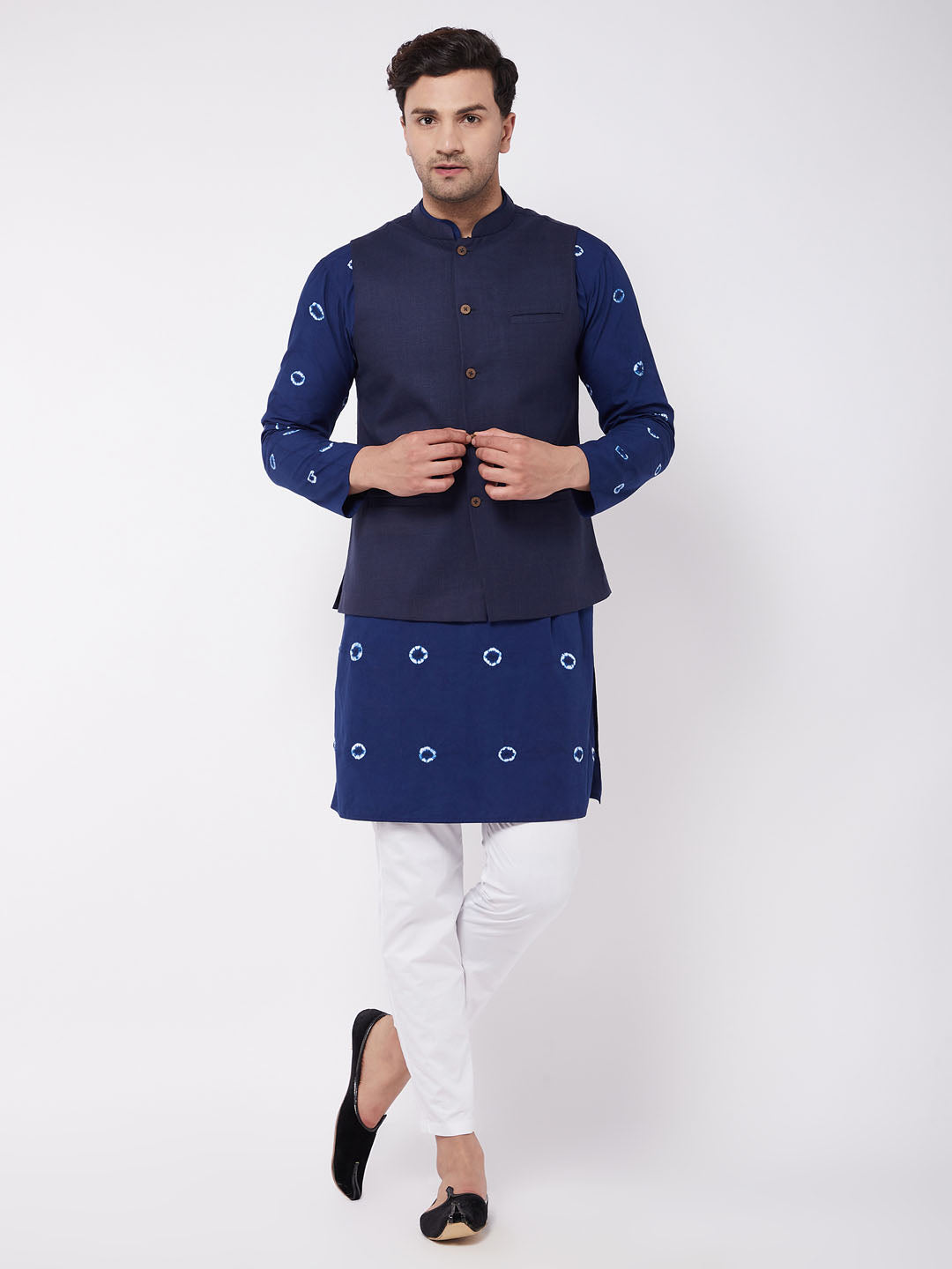 Men's Blue And White Cotton Nehru Jacket - Vastramay