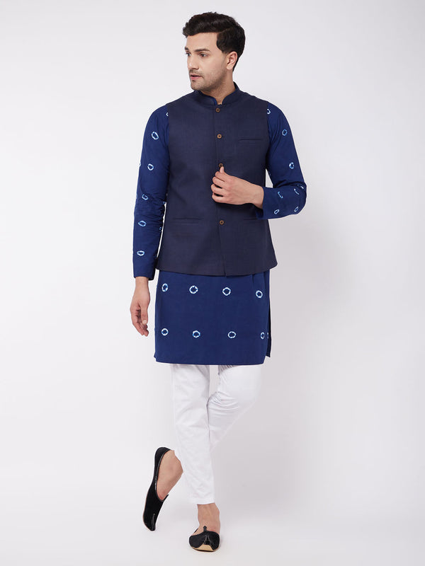 Jashvi Men's Navy Blue Solid Nehru Jacket With Blue Tie Dye Print Kurta And White Cotton Pant Style Pyjama