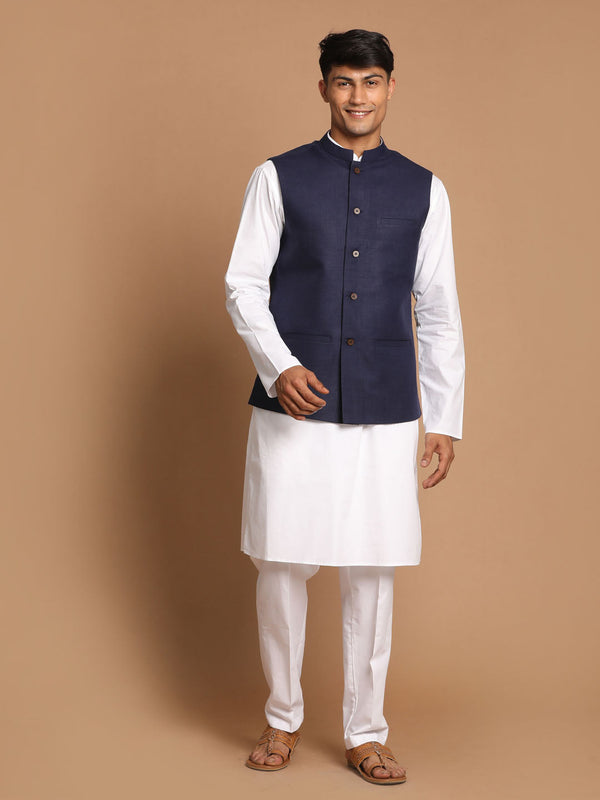 Jashvi Men's Navy Blue Cotton Nehru Jacket  With White Kurta and Pant