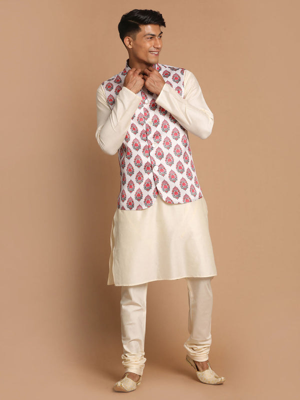 Jashvi Men's White & Red Floral Printed Slim-Fit Satin Nehru Jacket With White Kurta Pyjama