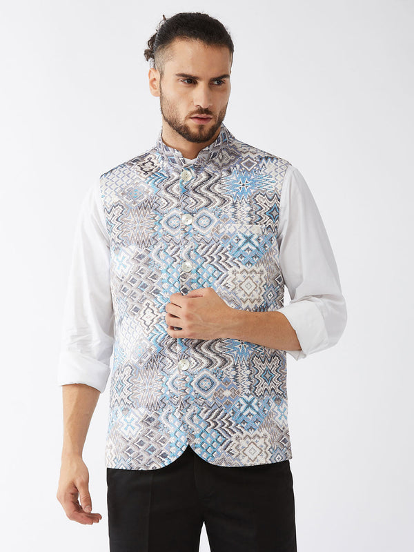 Jashvi Men's White & Blue Printed Satin Slim-Fit Nehru Jacket